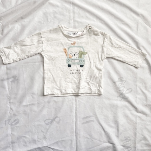 Zara Kids Animal Road Trip Print White Long Sleeve Tee Shirt Size 3-6 Months - Picture 1 of 9